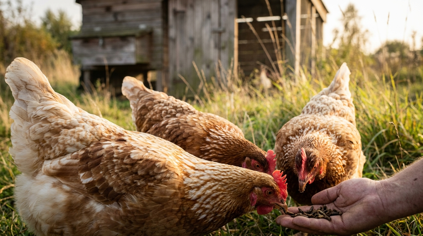 Sussex hens eating BUGZ